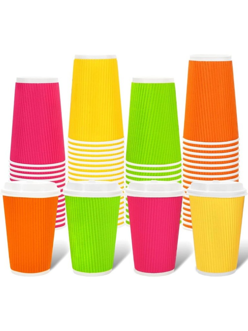 100 Pcs Neon Disposable Coffee Cups with Lids - 16 Oz Insulated Ripple Wall